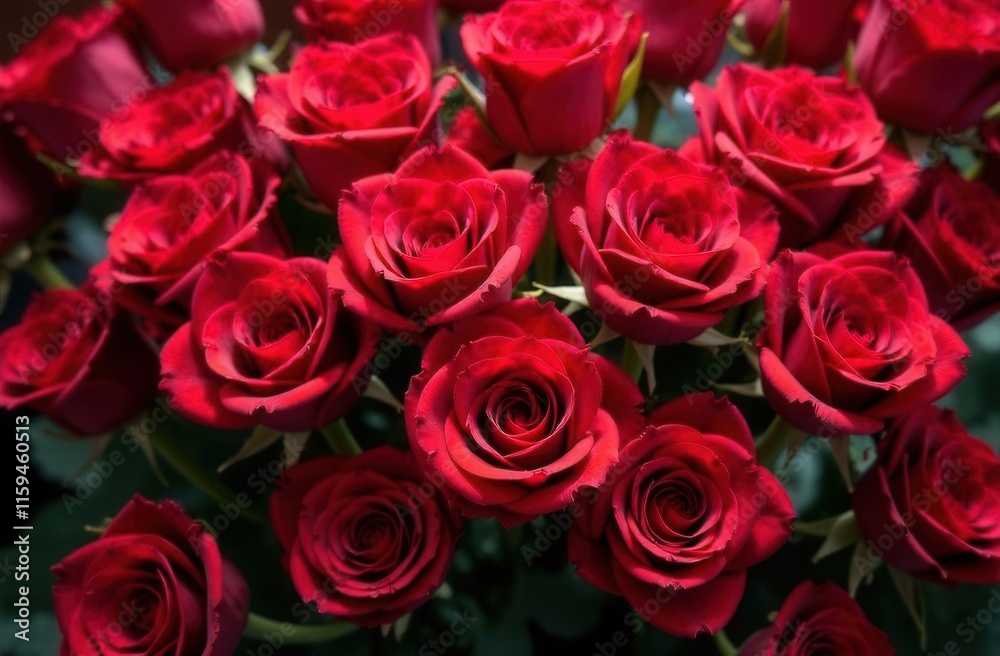 A beautifully arranged bunch of red roses adorned with water drops on them A beautifully arranged bunch of red roses adorned with water drops on them