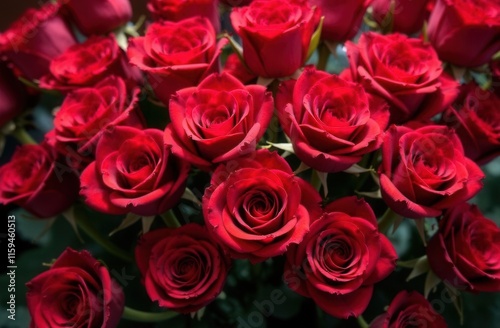 A beautifully arranged bunch of red roses adorned with water drops on them