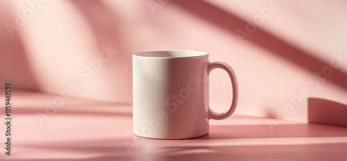 White mug on pink background with shadows.