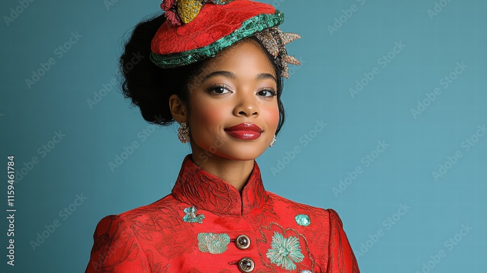 Portrait of a Stylish Young Woman in Red Embroidered Jacket and Headpiece Portrait of a Stylish Young Woman in Red Embroidered Jacket and Headpiece