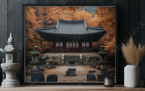 Simple white poster framed in dark oak, set against an image of a Korean temple surrounded by autumn leaves, with stone lanterns and peaceful meditation spaces 