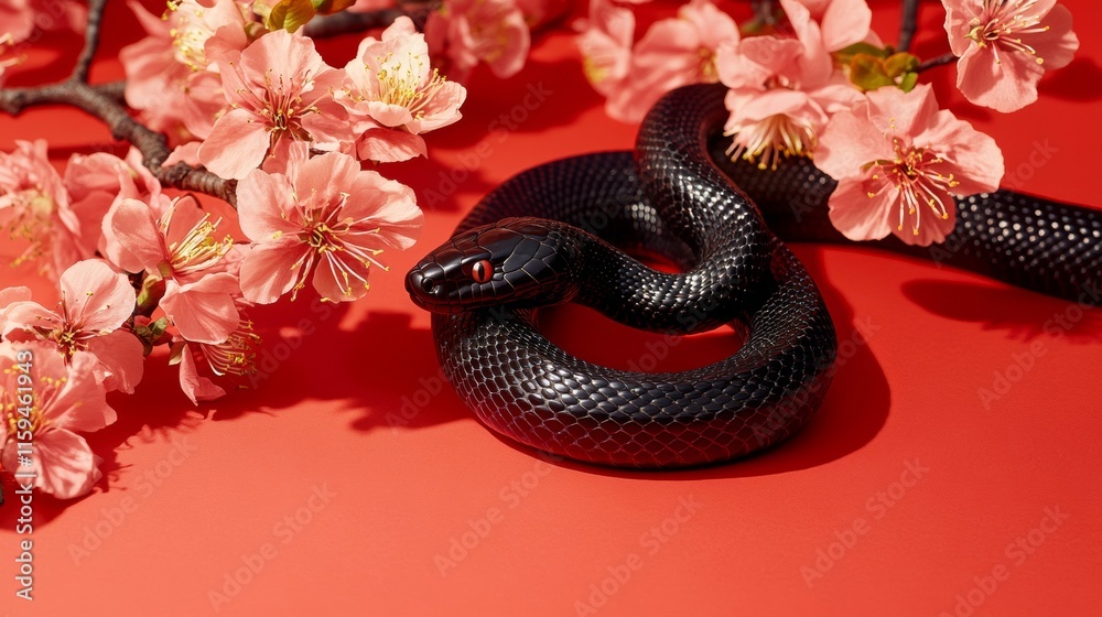 Black Snake Coiled Amidst Delicate Pink Blossoms Black Snake Coiled Amidst Delicate Pink Blossoms