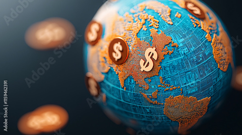Vibrant Blue and Gold Globe Surrounded by Shimmering Coins Symbolizing Wealth Prosperity and Global Financial Connections