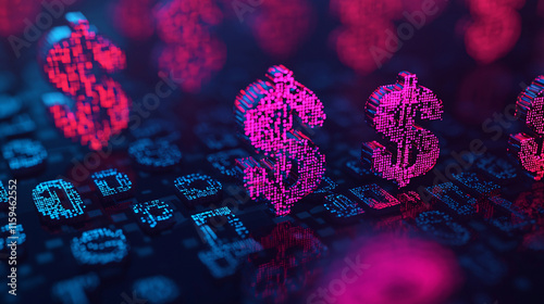 Glowing dollar signs composed of digital pixels, set against a futuristic blue and red background, symbolizing modern finance and technology