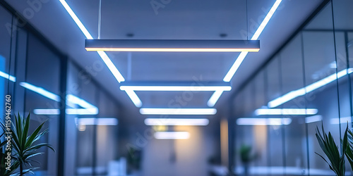 Modern office hall featuring stylish linear pendant lighting and greenery. sleek design creates bright and inviting atmosphere, perfect for productivity and collaboration photo
