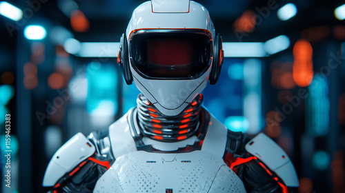 Futuristic Robot Wearing Protective Helmet with Illuminated Red Light Exuding a Sense of Technology and Innovation