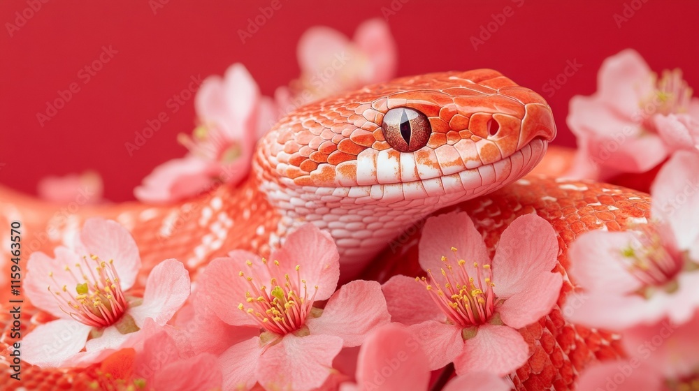 Orange Snake Among Delicate Pink Blossoms Orange Snake Among Delicate Pink Blossoms