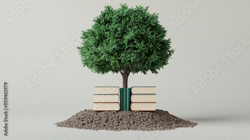 A Majestic Tree Adorned with Colorful Books Creating a Whimsical Scene of Imagination and Nature's Harmony Together