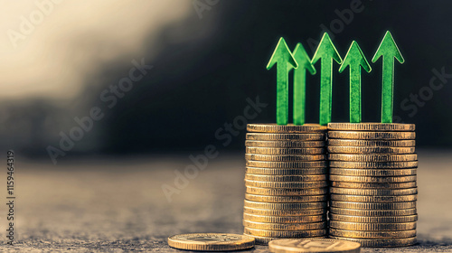 Stack of Coins Representing Financial Growth with a Vibrant Green Arrow Symbolizing Prosperity and Economic Success