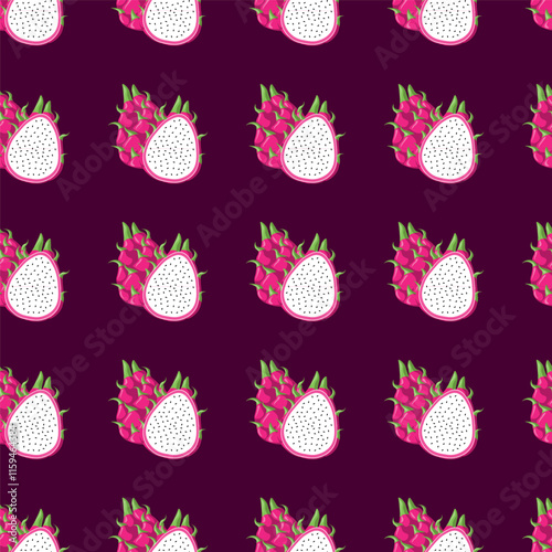 Dragon fruit flat seamless pattern on purple background. Wrapping paper, gift card, poster, banner design. Home decor, modern textile print. Summer bright geometric fruits patterned.