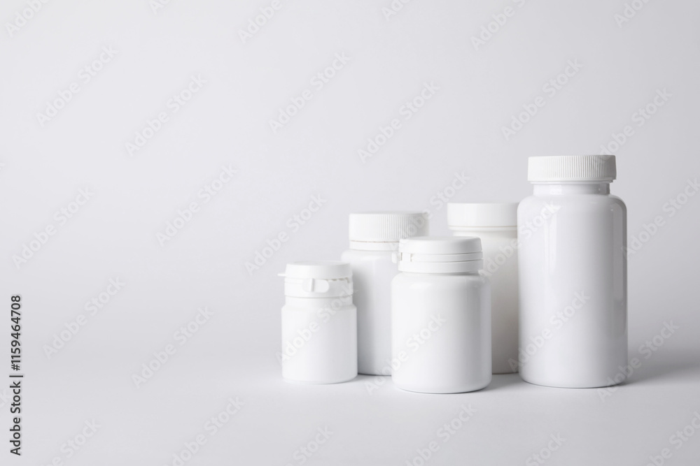 Many plastic medical bottles on white background, space for text Many plastic medical bottles on white background, space for text