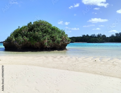 Kabira bay, tropical paradise in Ishigaki island, Okinawa in Japan. Idyllic beach landscape with the sea in sunlight and copy space photo