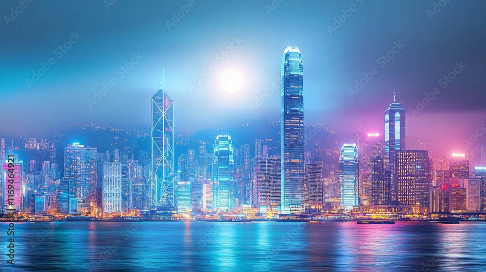 Obraz premium Moonlit Cityscape with Soft Lighting and Scenic Backdrop