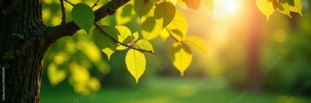Defocused tree landscape with sunlit branches and leaves, bokeh, forest Defocused tree landscape with sunlit branches and leaves, bokeh, forest