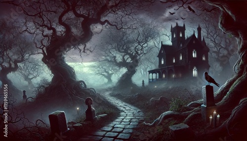 Haunted mansion in a misty graveyard surrounded by twisted trees under a moonlit sky. Perfect for Halloween designs, spooky illustrations, horror themes, or eerie storytelling projects photo