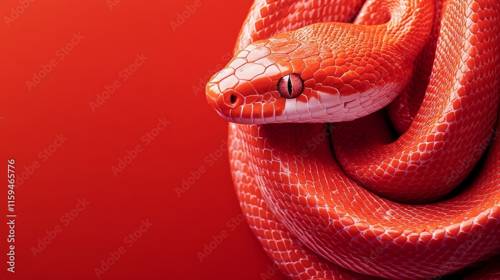 Fototapeta premium A vibrant red snake coils on a red background