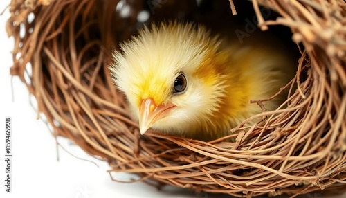 Fluffy Chickling Nestled in Rustic Bird's Nest - a Tender Image