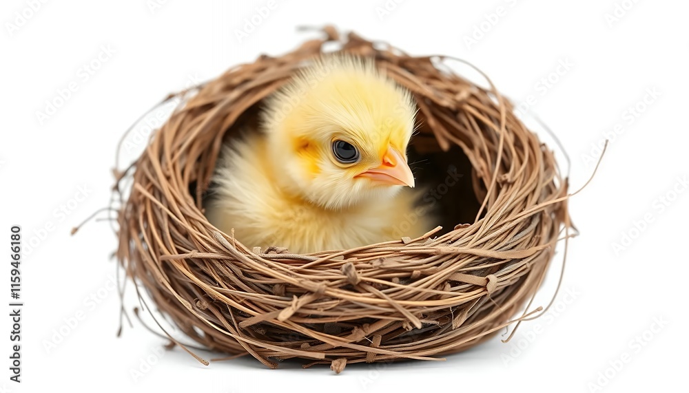 Obraz premium Fluffy Chickling Nestled in Rustic Woven Nest - a Gentle Springtime Image