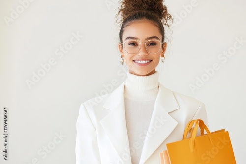 The personal female  shopper stands confidently in a luxury boutique, holding several shopping bags and smiling warmly