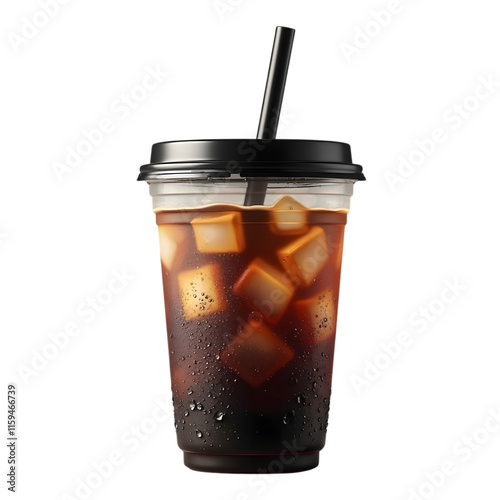 Cold brew coffee in clear plastic cup with condensation on a transparent background