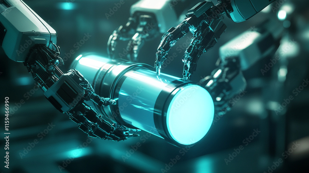 Fototapeta premium Futuristic robotic arms wrapping a cylindrical object in luminescent foil, against a dark, high-tech background.