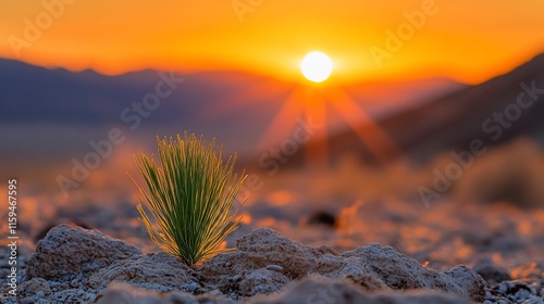 Sunrise over mountains with a small plant.