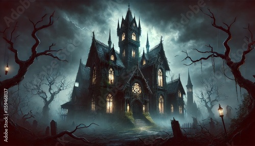 Haunted gothic mansion surrounded by eerie, twisted trees under a dark, cloudy sky. Perfect for horror themes, Halloween designs, spooky illustrations, or ghostly creative projects photo