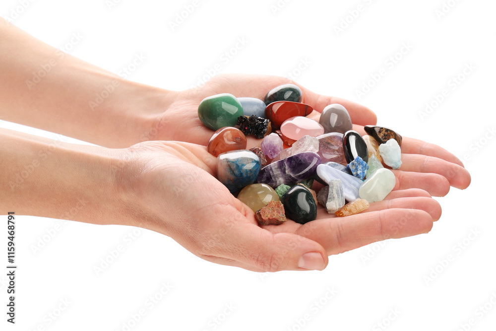 Woman holding different natural mineral stones on white background, closeup Woman holding different natural mineral stones on white background, closeup