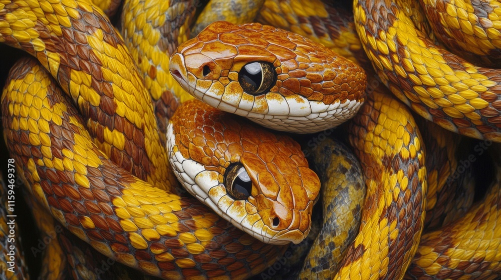 Obraz premium Two Yellow And Brown Snakes Entwined Together