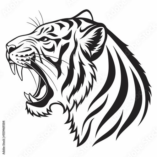 Wallpaper Mural Black and white tiger face illustration designed in a bold tattoo style, showcasing intricate details and fierce expression. Perfect for tattoos, prints, and graphic projects. Torontodigital.ca