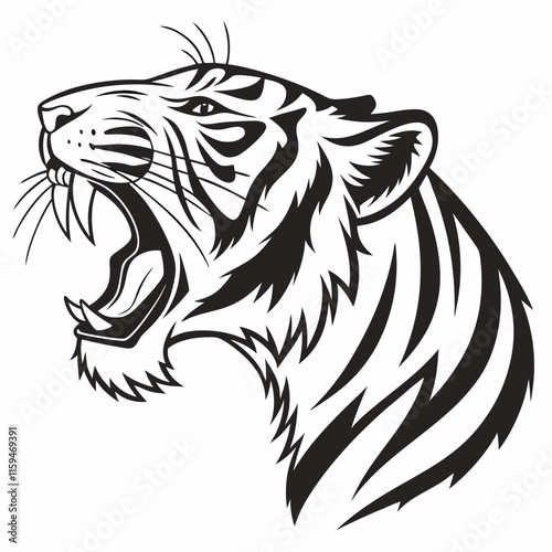 Black and white tiger face illustration designed in a bold tattoo style, showcasing intricate details and fierce expression. Perfect for tattoos, prints, and graphic projects.