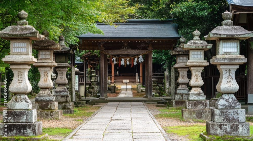 Serene Garden Shrines Surrounded by Stone Lanterns Serene Garden Shrines Surrounded by Stone Lanterns