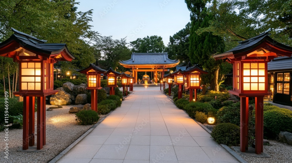 Serene Lanterns at Dusk in a Tranquil Garden Serene Lanterns at Dusk in a Tranquil Garden