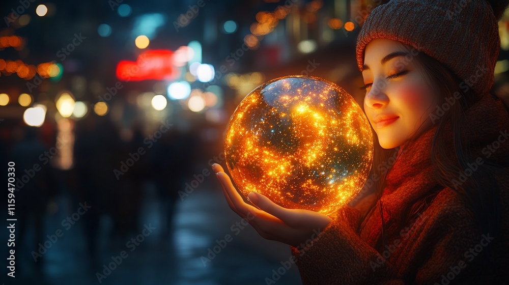 Naklejka premium Girl holding glowing orb in winter night market.
