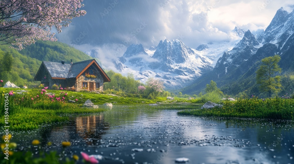 Naklejka premium Country house by the mountains, water drops from a recent rainstorm, vibrant natural landscape, generative ai