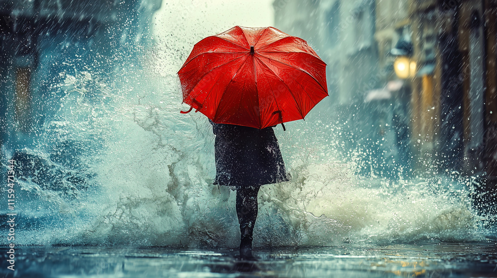 A solitary figure with a red umbrella navigates a rainy city street. The image conveys a sense of isolation and introspection.