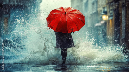 Obraz na płótnie A solitary figure with a red umbrella navigates a rainy city street. The image conveys a sense of isolation and introspection. w salonie