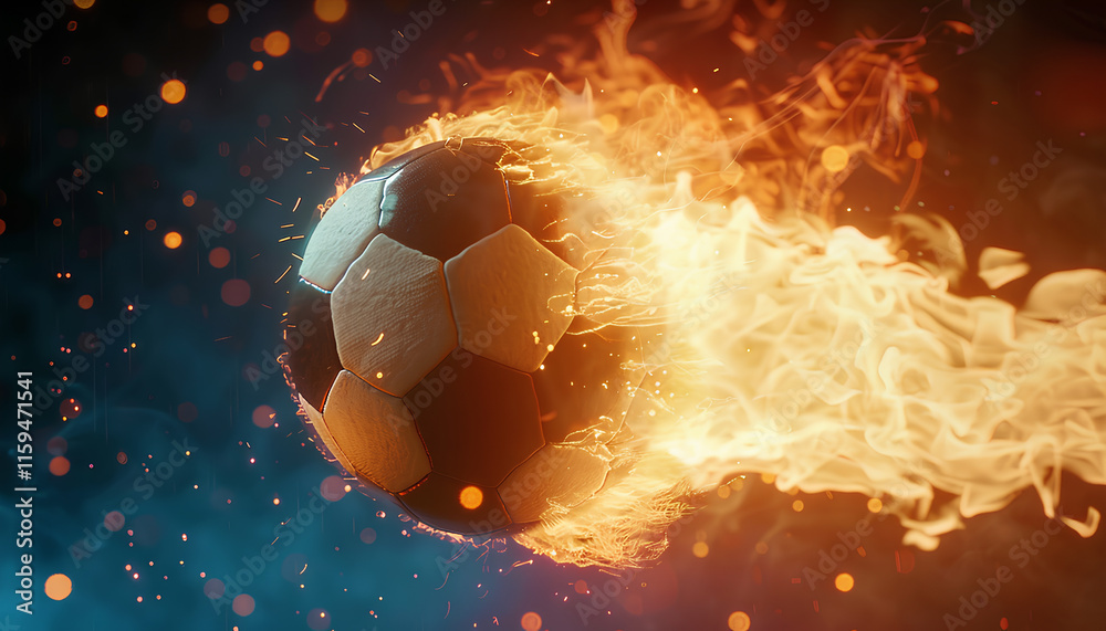 Fototapeta premium Soccer ball with bright flame flying on black background