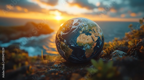 Earth globe at sunset on a cliff overlooking ocean.