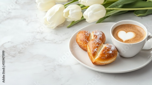 breakfast on a monotonous white table in the form of heart-shaped buns on a plate 