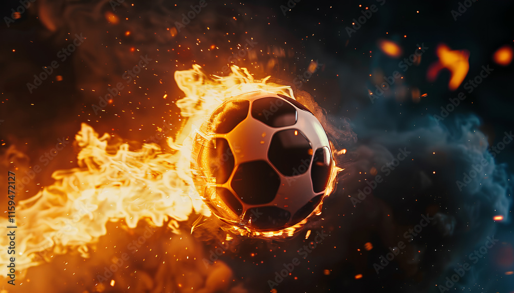 Fototapeta premium Soccer ball with bright flame flying on black background