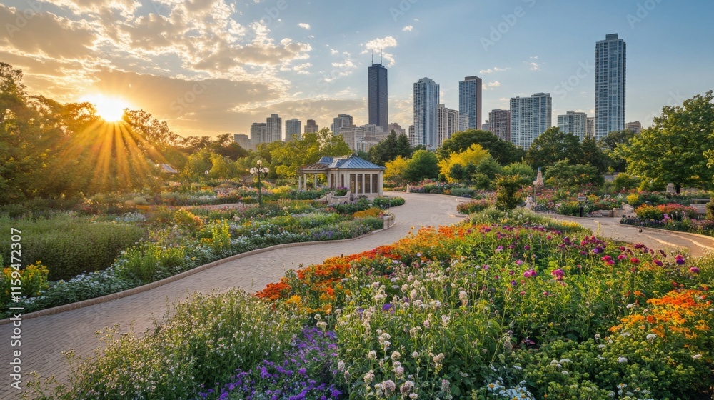 Fototapeta premium Vibrant Gardens with Stunning Cityscape Backdrop