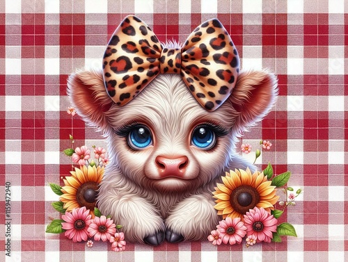 Cute baby calf with big blue eyes, a leopard-print bow, and surrounded by sunflowers and daisies on a red plaid background. photo