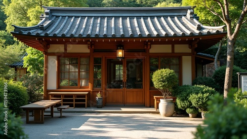 The exterior of a traditional Japanese restaurant  featuring a serene and inviting atmosphere.