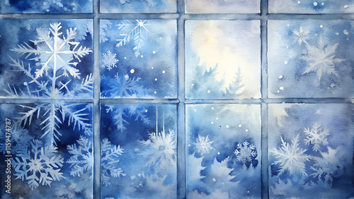 Frosty windowpane watercolor background, blue and white, winter scene