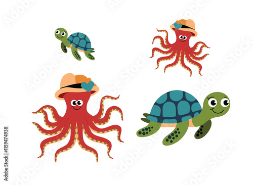 A flat illustration of a white background with various ocean animals.