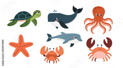 A flat illustration of a white background with various ocean animals.