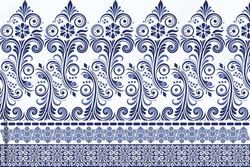 blue seamless floral pattern with border vintage antique arabesque design elegant wallpaper textile print flower blossom bohemian ethnic decoration summer wedding