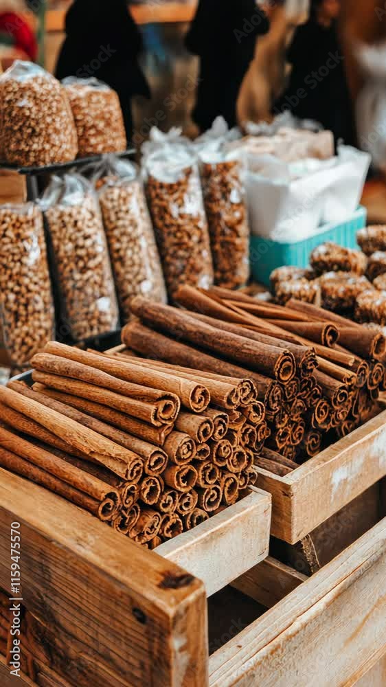 Spices and herbs displayed in a market showcasing fresh and aromatic cinnamon sticks and other ingredients