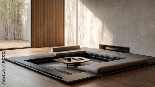 Contemporary minimalist sunken living room with minimal decor. Featuring clean lines and a unique design
